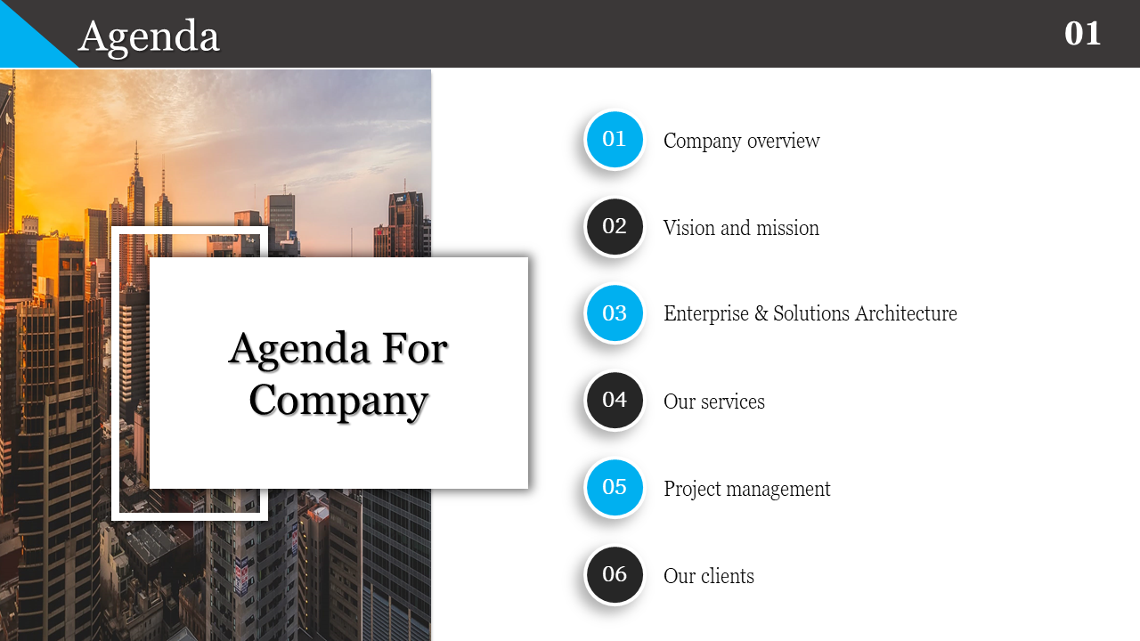 Agenda PowerPoint slide with six sections over a city skyline background on a white backdrop.