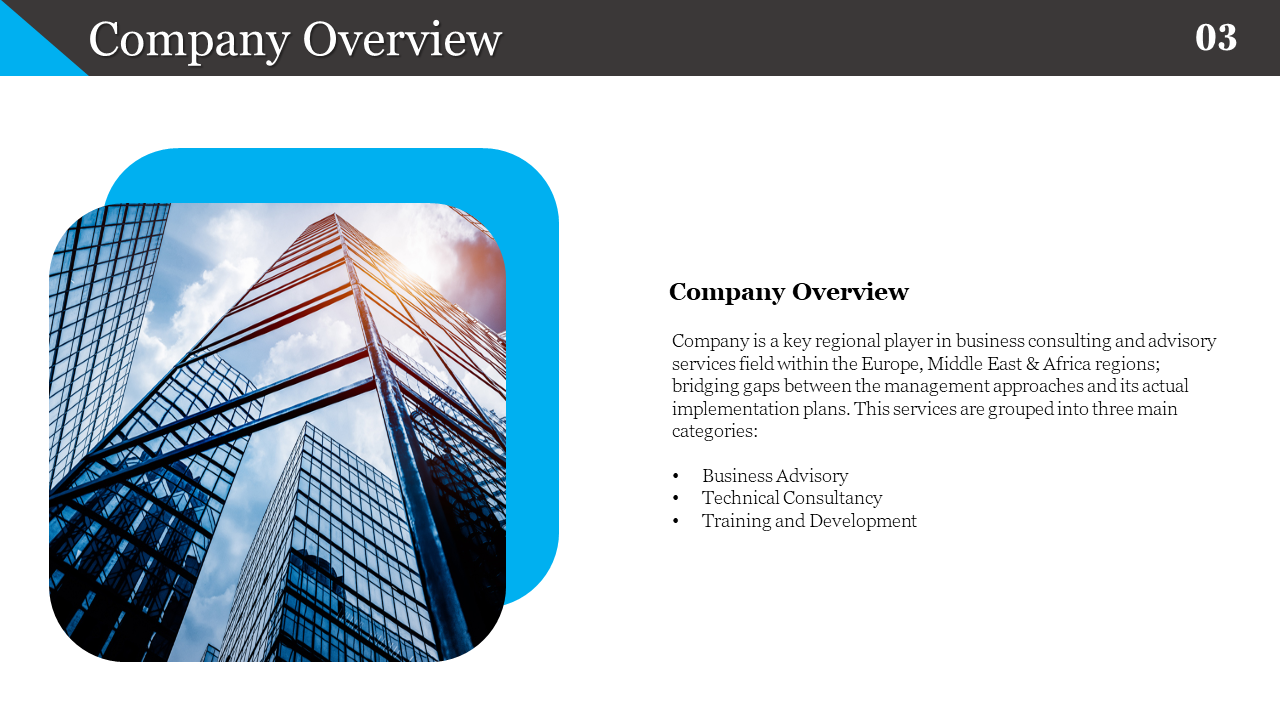 Company overview PowerPoint slide showcasing a city skyline with a description on a white backdrop with description.