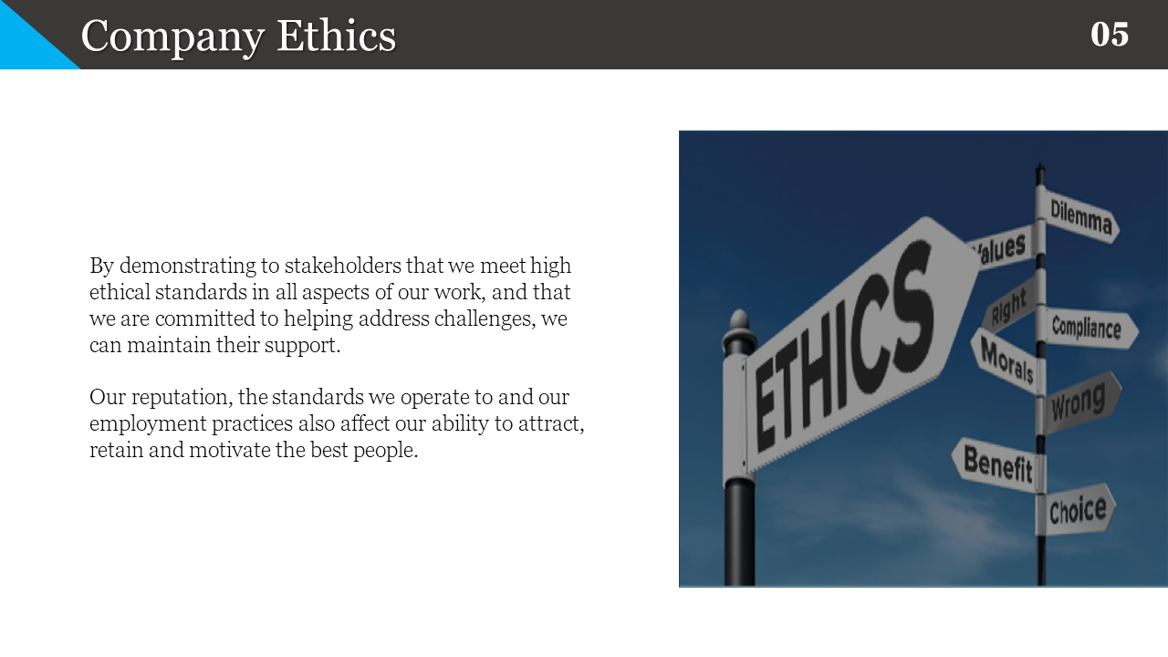Company Ethics slide featuring a directional signpost with words representing ethical standards on a white and blue theme.