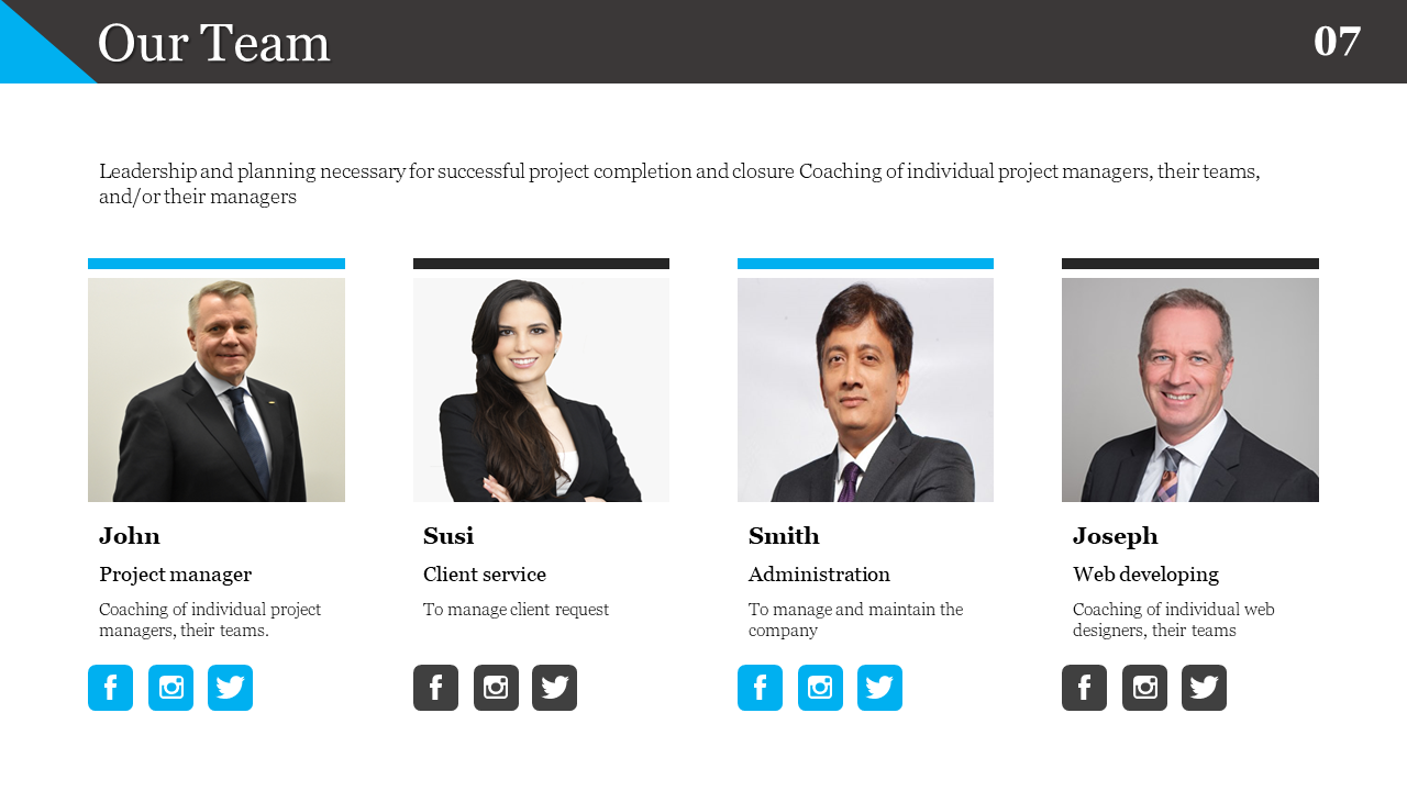 Our team slide showcased four professionals from John, Susi, Smith, and Joseph, with their roles and social media icons.