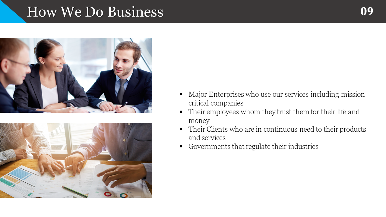 How We Do Business slide showcasing a team of professionals discussing business plans, with text on a white backdrop.