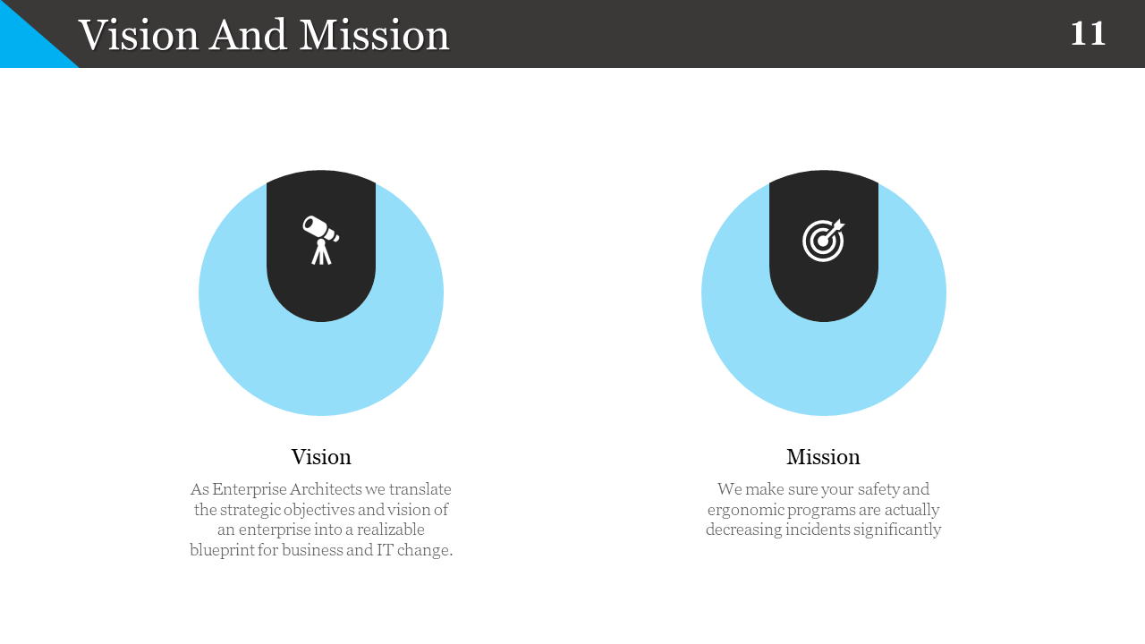 Vision and Mission slide, with icons representing telescope and target, alongside descriptions on a white backdrop.