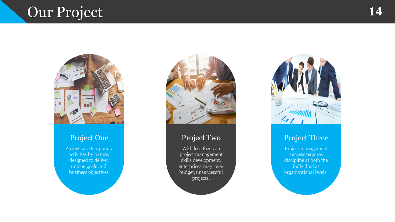 Our Project slide features 3 sections, each describing a different aspect of project management with corresponding images.