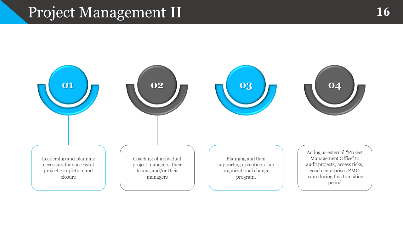 PPT slide showing four numbered sections related to project management, with blue and grey circular icons on a white theme.
