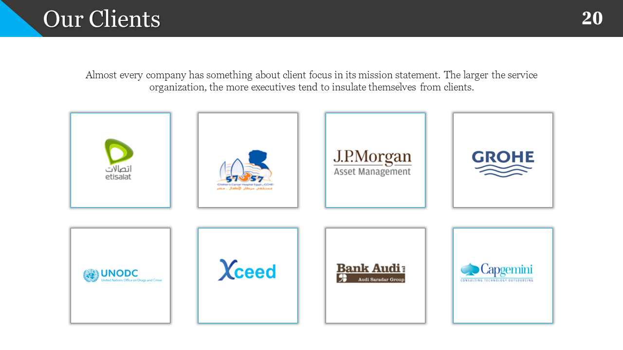 Our Clients slide showcases logos of prominent clients, including Etisalat, J.P. Morgan, UNODC, Xceed, and others.