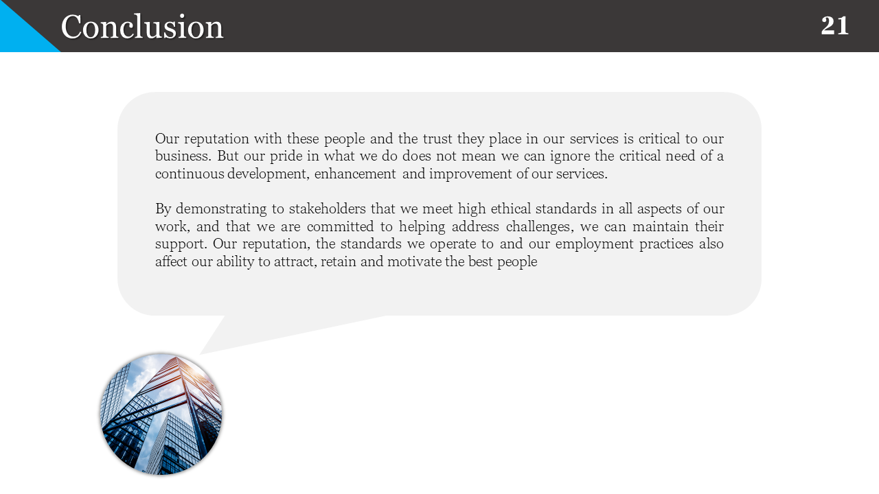 Conclusion PPT slide featuring a quote accompanied by a city skyline on a white backdrop.