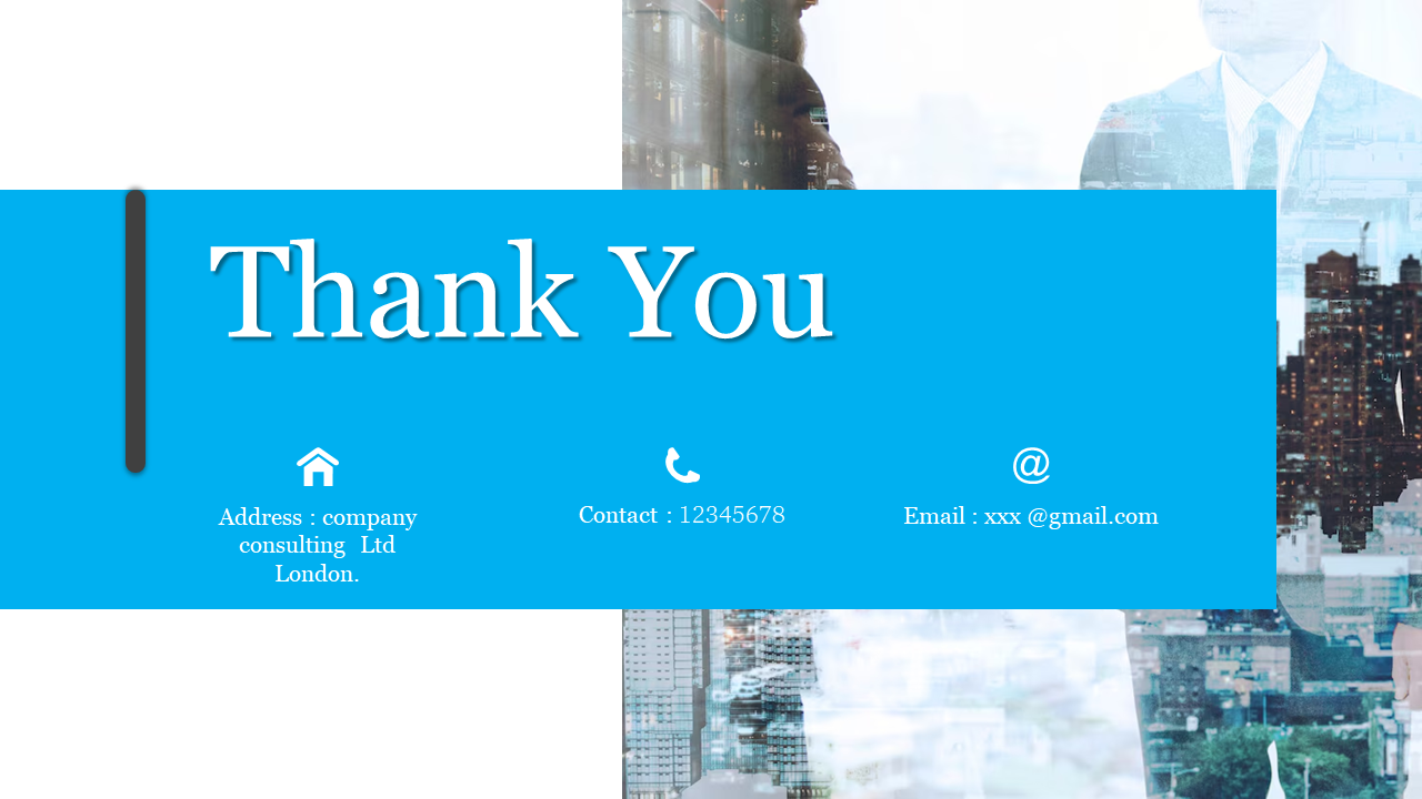 Thank you message slide with contact information alongside a background image of city buildings on a blue backdrop.