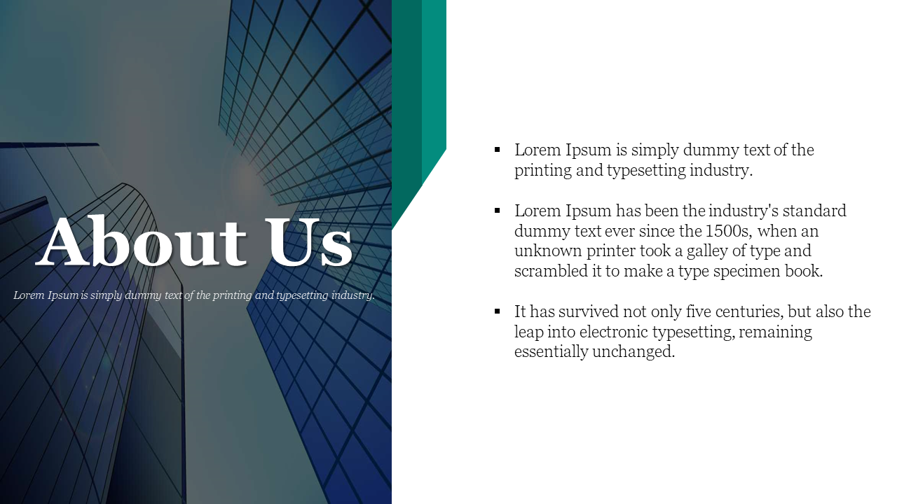 About Us slide with an image of city skyline and text describing the history and significance of Lorem Ipsum in white theme.