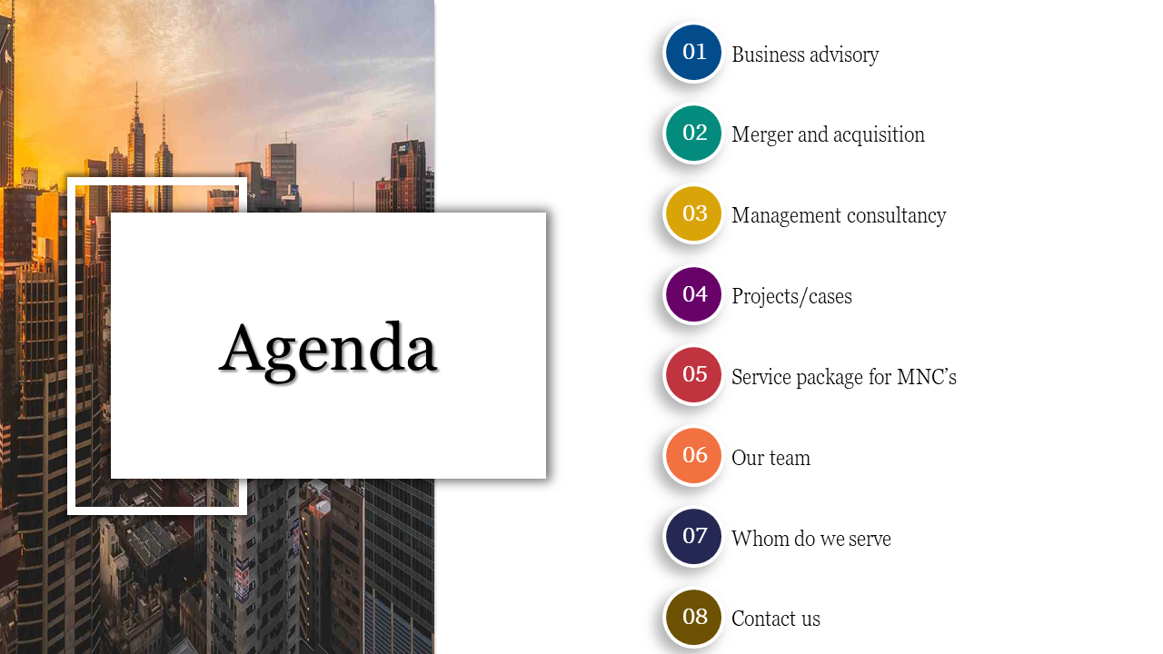 Agenda slide with a city skyline background, featuring a list of items each accompanied by colorful numbered circles.