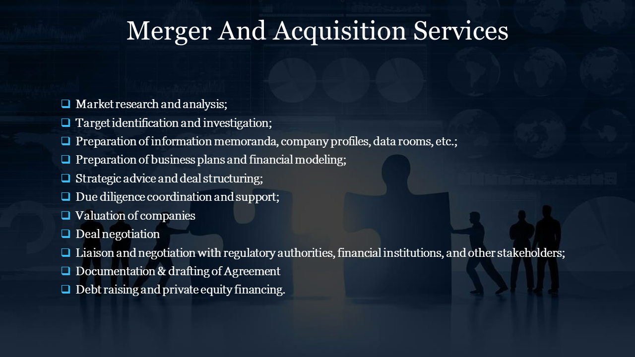 PPT slide displaying the services offered for mergers and acquisitions overlaid with a puzzle piece image in a dark theme.