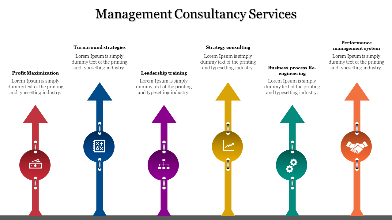 Management consultancy services feature five colorful arrows pointing upwards, each representing a service with icons.