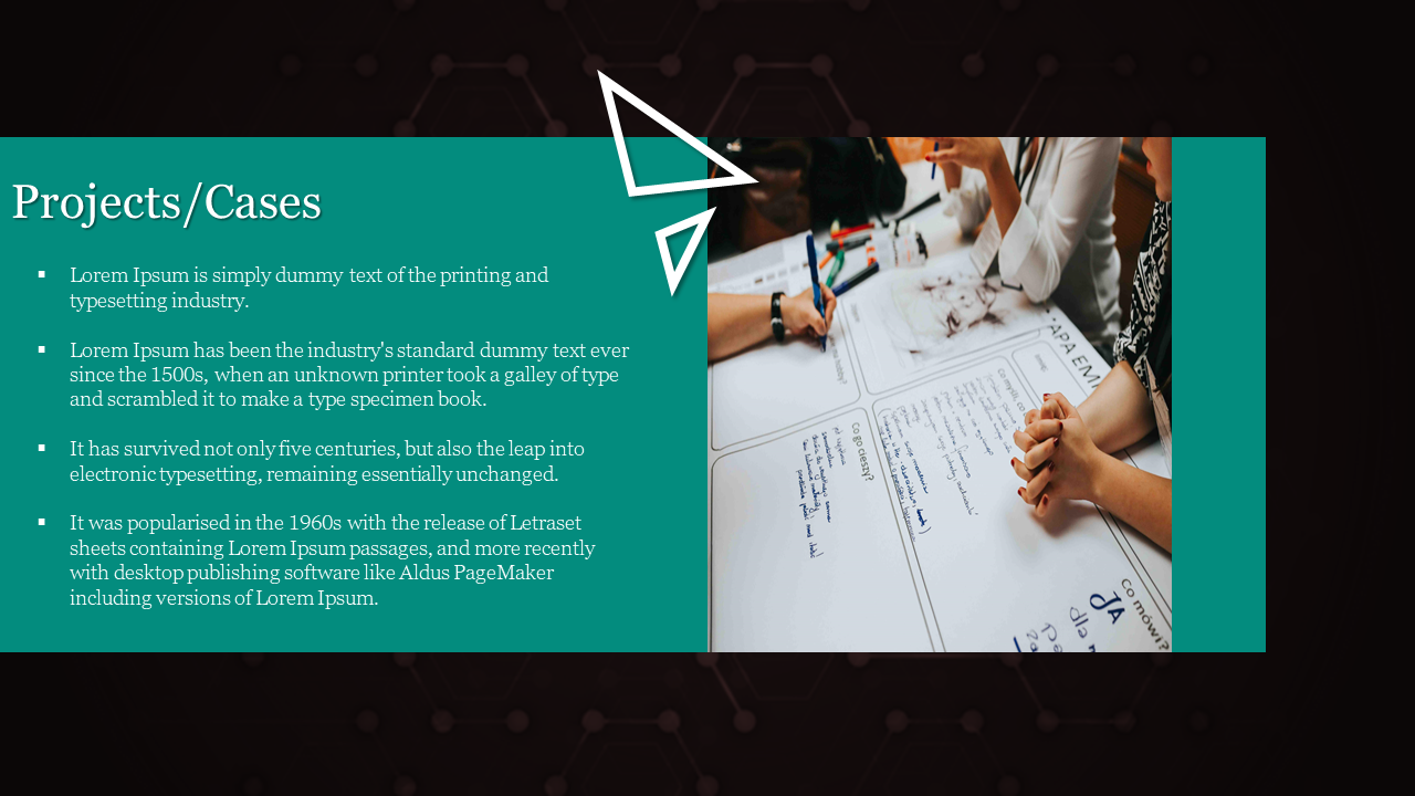 Project cases slide with a text description alongside professionals working on a project in a green and black theme.