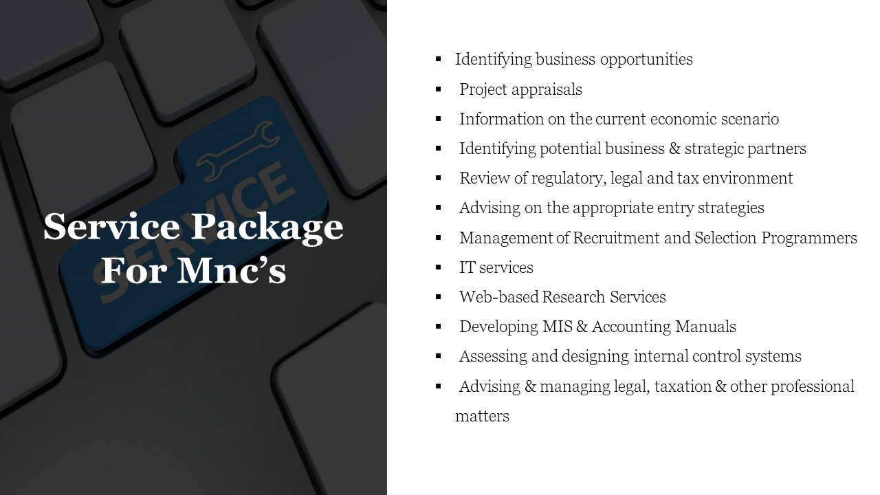 Service Package slide For MNCs' listing various services with a background image of a keyboard on a white backdrop.