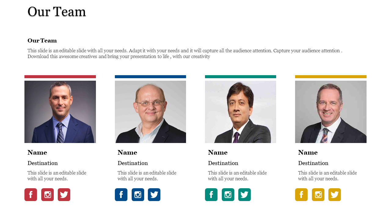 Our Team features four team members with their names, destinations, and social media icons, alongside photos of each person.