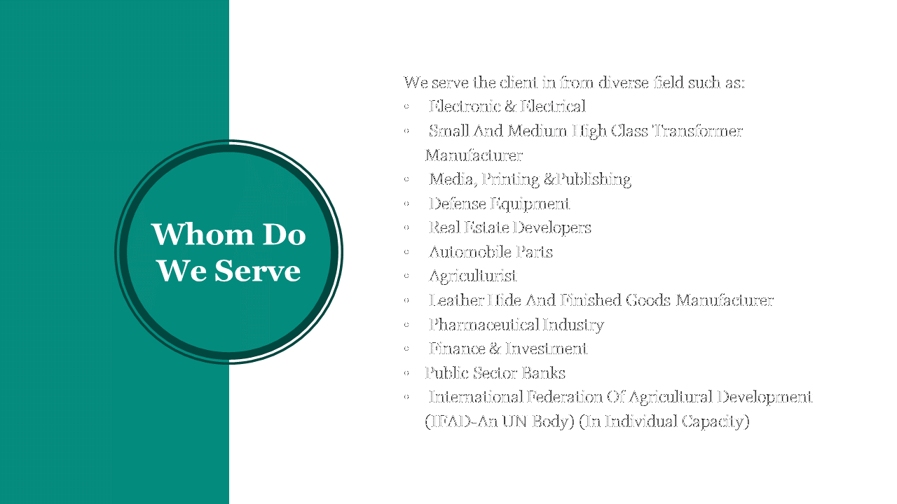 A slide showing industries with a green background and a list of service areas in a white theme.