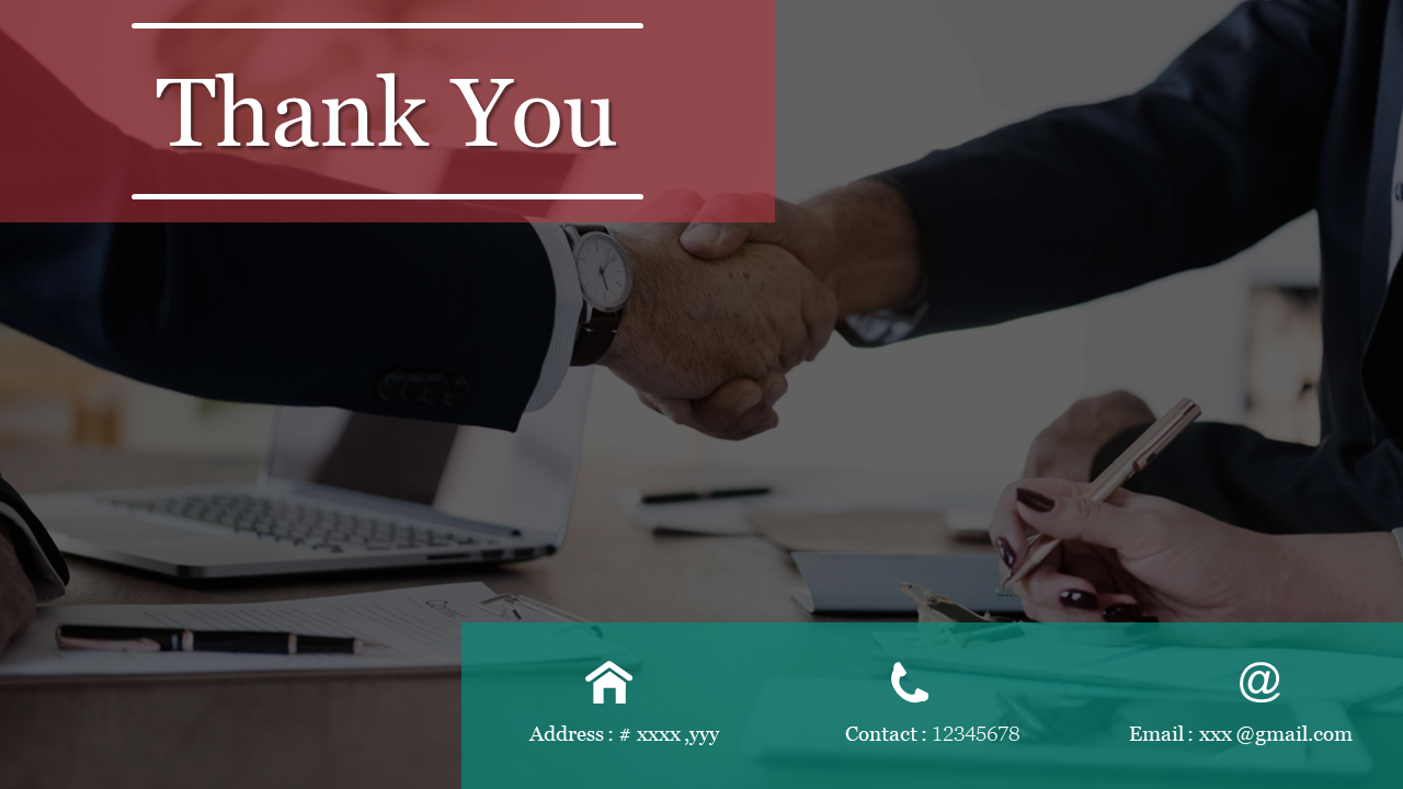 A thank you slide with a handshake image in the background, and contact details including address, phone, and email below.