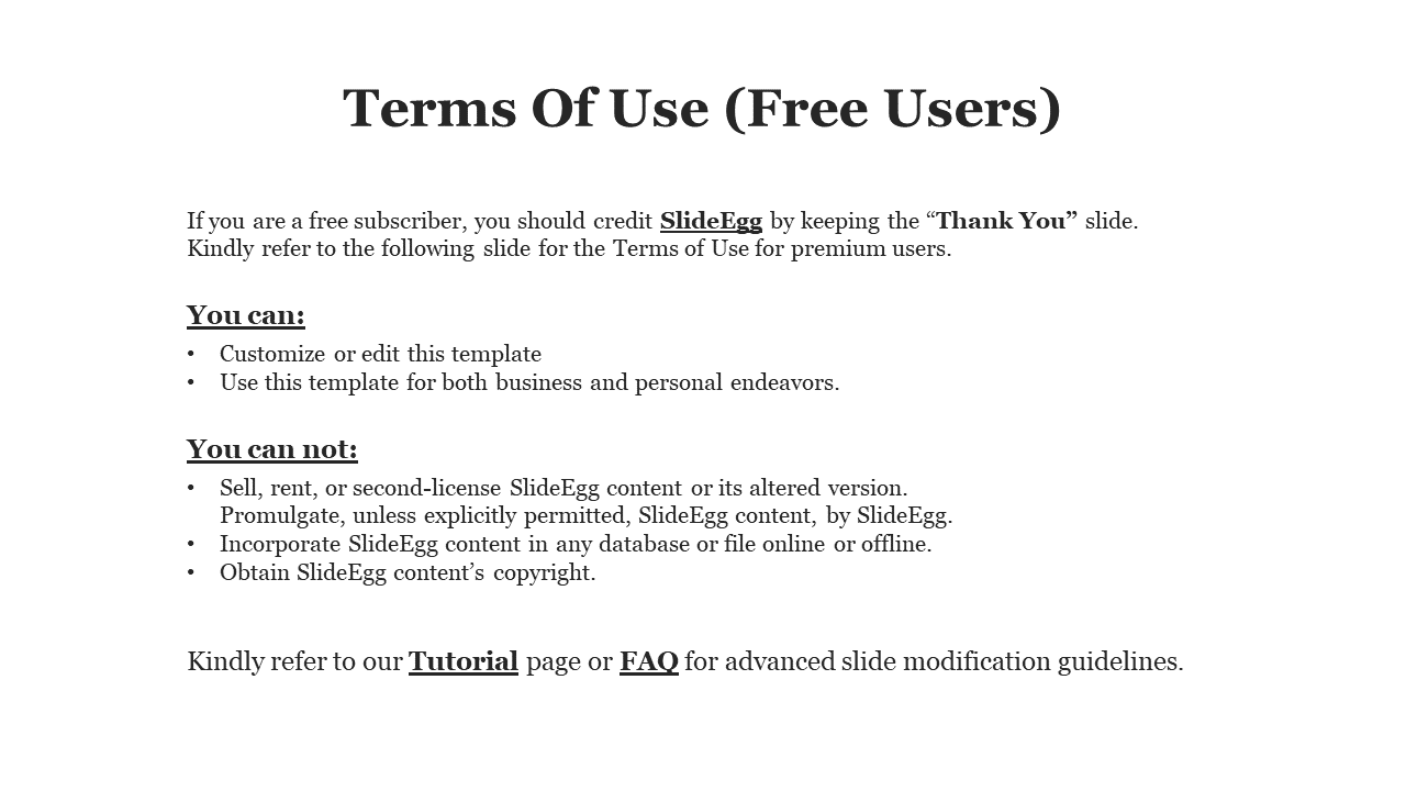 Terms of Use for free SlideEgg users, including guidelines for customization, crediting, and restrictions in white theme.