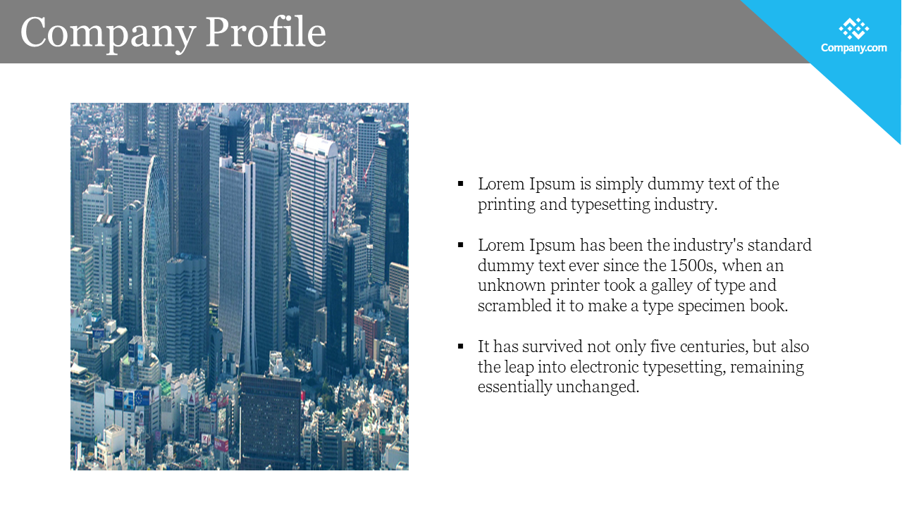 Company profile slide featuring a city skyline background and placeholder text on a white backdrop.