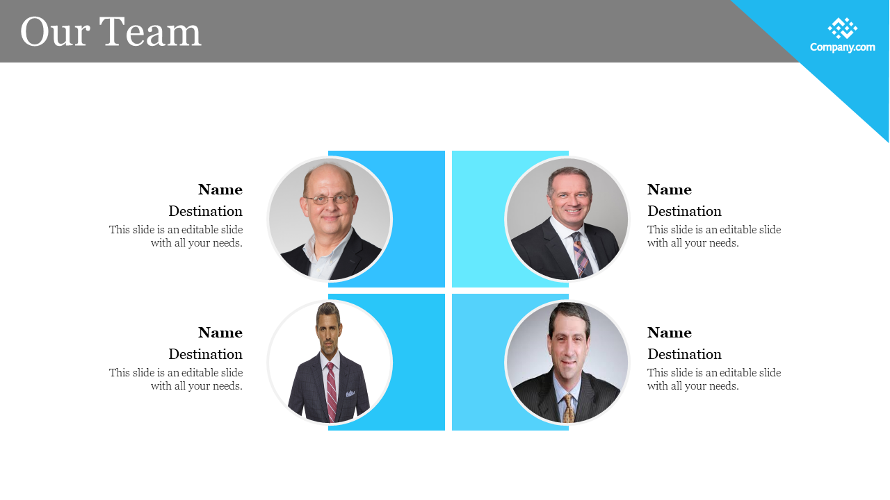 Team members are displayed in circular frames with names and destinations listed below each photo on a white backdrop.