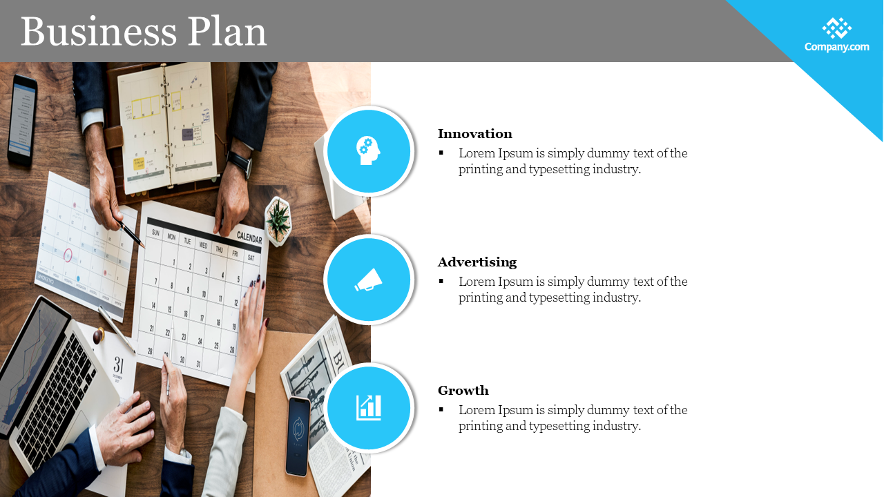 Business plan slide with innovation, advertising, and growth sections, each paired with a corresponding icon and description.