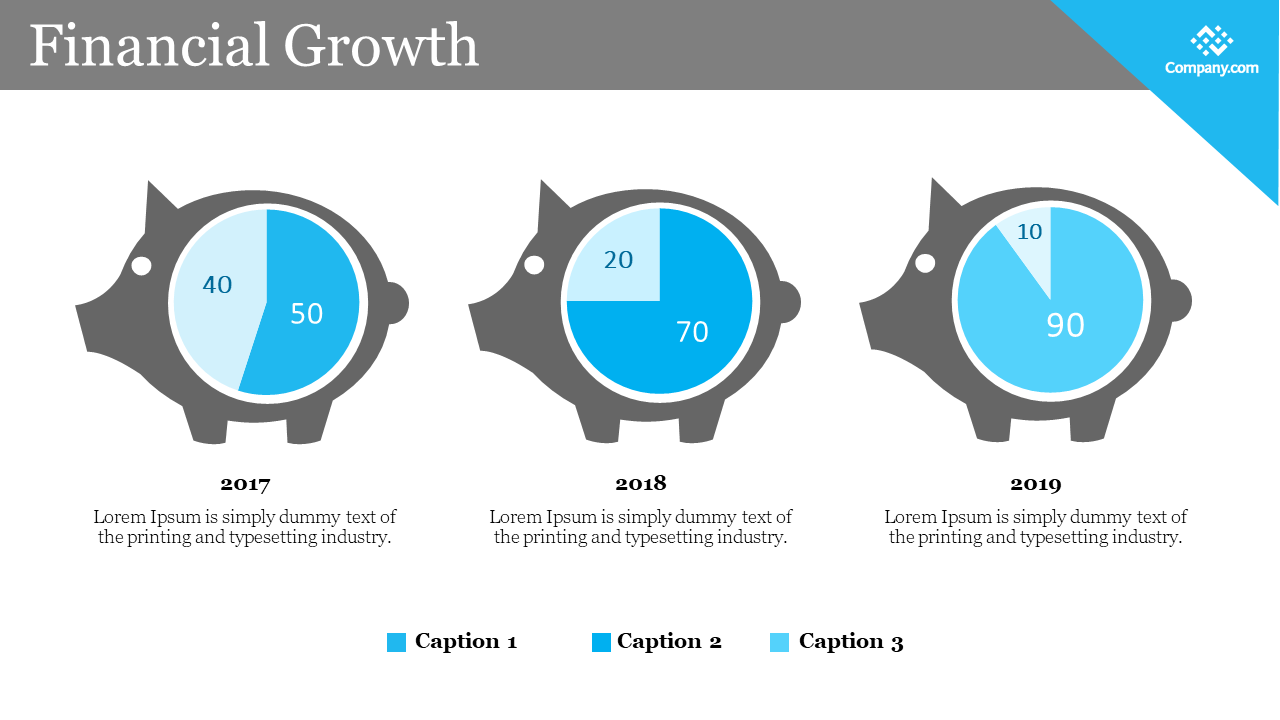 A financial growth slide showing three blue and grey piggy banks for 2017, 2018, and 2019 with the percentage in white theme.