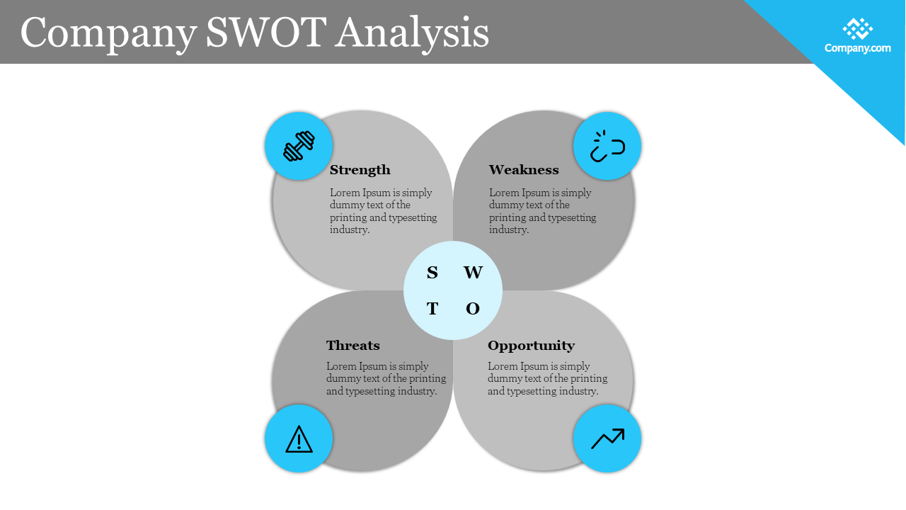 Grey SWOT analysis slide showing strengths, weaknesses, opportunities, and threats with blue icons on a white backdrop.
