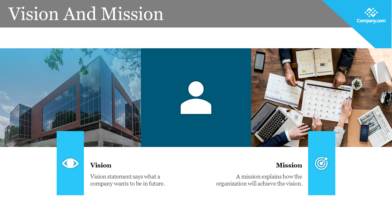 Vision and mission slide showing the difference between icons and images of a building and a meeting with text descriptions.