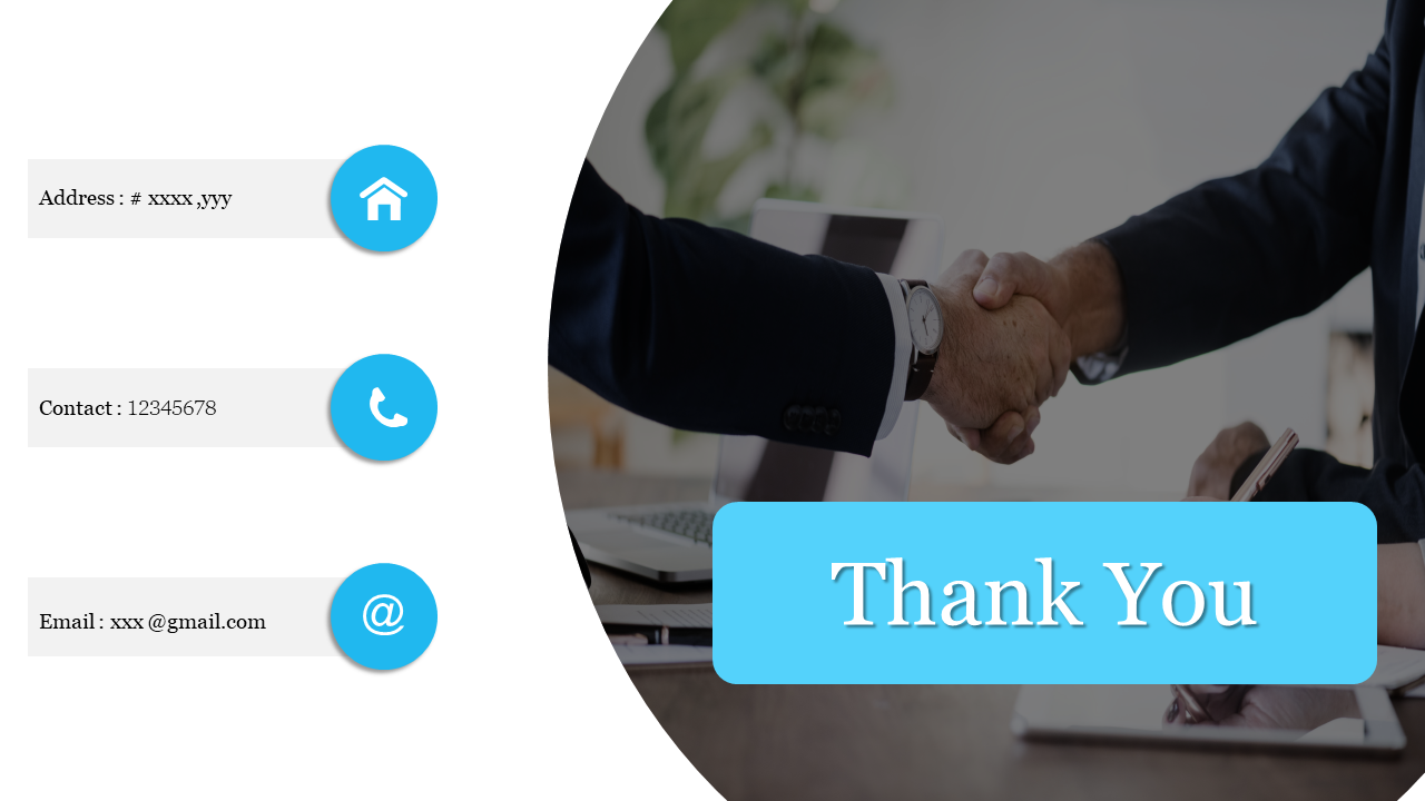 A thank you slide featuring contact information accompanied by an image of two people shaking hands on a white theme.