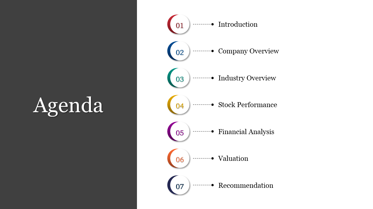 Agenda slide listing topics such as introduction, company overview, industry overview, and more with colorful circle icons.