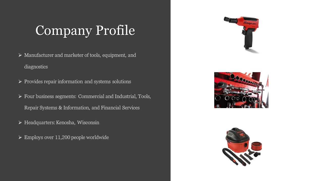 Company profile slide with bullet points about Snap on's business, including tools and their products in white theme.