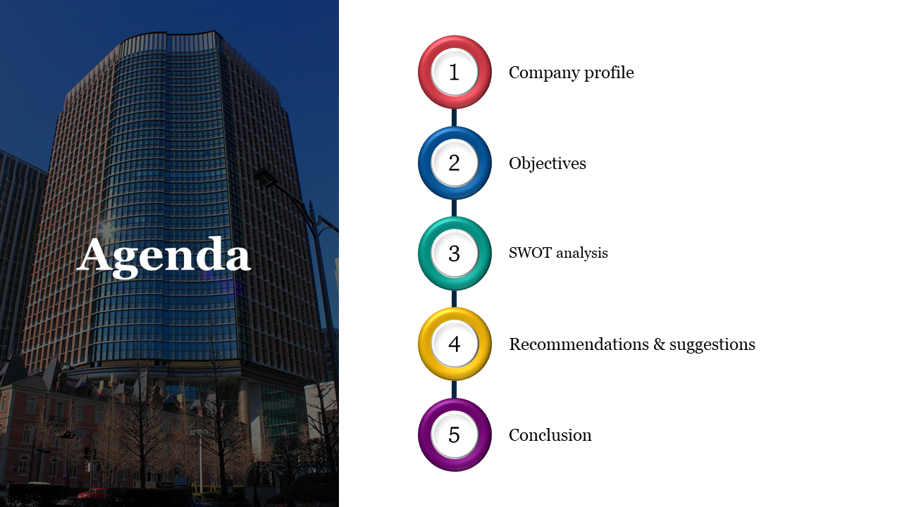 Agenda slide with a large building background, featuring a numbered list with company profile on a white backdrop.