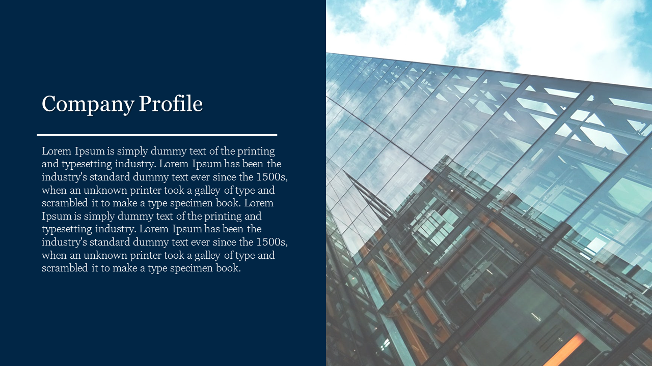 Company profile slide with placeholder text over a modern building’s glass exterior on a blue backdrop.