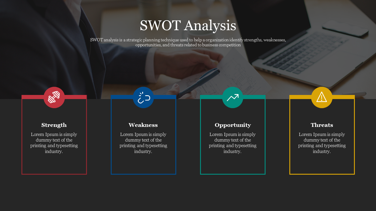 SWOT analysis slide featuring four sections with a laptop and a businessman background with colorful icons.