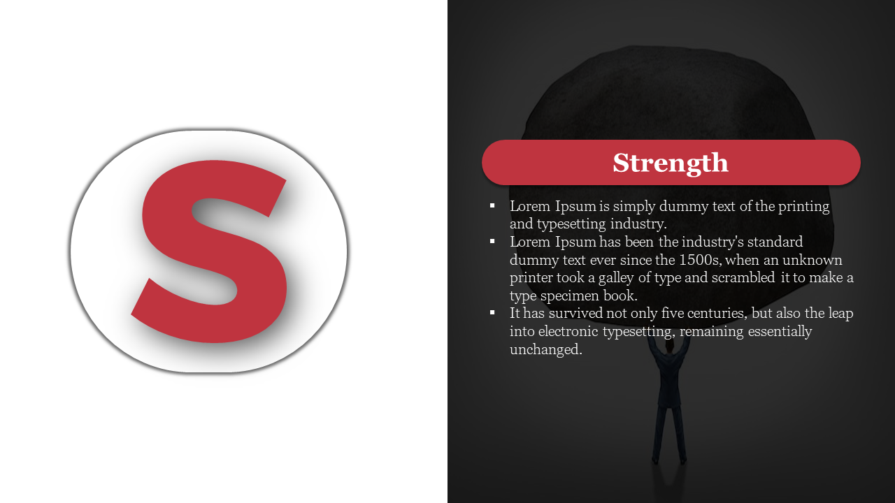 Strength section of SWOT analysis with red S icon, featuring a silhouette of a person lifting a large object, and text.