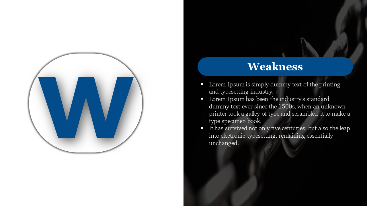 Weakness section of the SWOT analysis with a blue W icon, showing a person holding a broken chain and descriptive text.