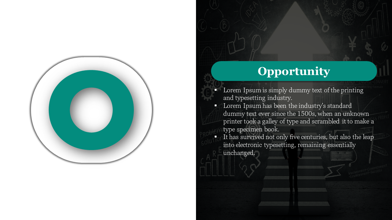 Opportunity section of SWOT analysis with a green O icon, showing a person standing at the base of stairs looking at a graph.
