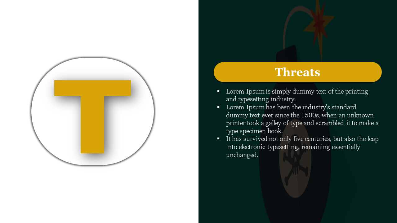 Threats section of SWOT analysis with yellow T icon and a background of a bomb symbolizing potential risks on a white theme.
