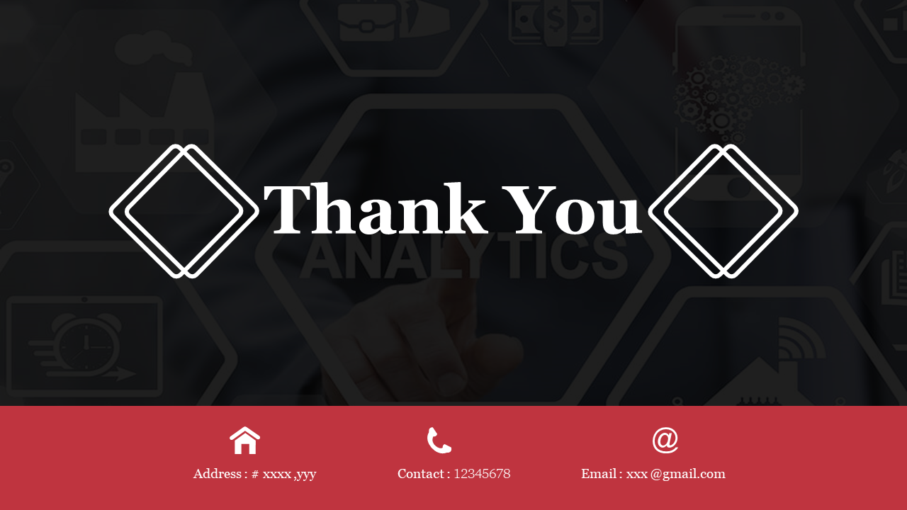 A thank you slide with contact information at the bottom with an analytics themed background on a black theme.