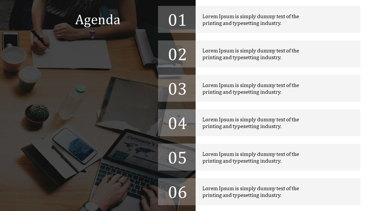 Business meeting agenda slide with a laptop and office supplies on the desk, showing company growth details in white theme.