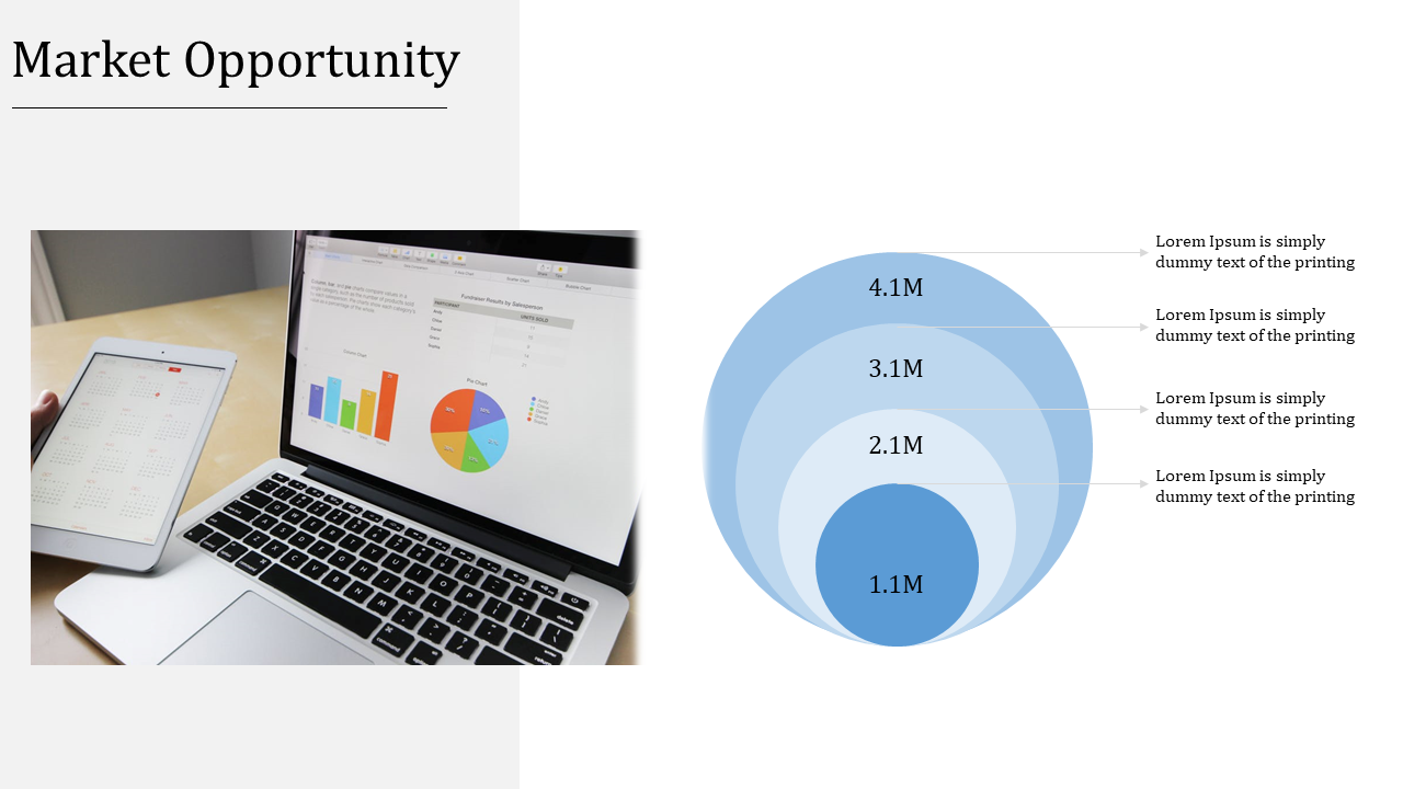 A person using a tablet to review a calendar, while a laptop screen shows market opportunity graphs and data in white theme.