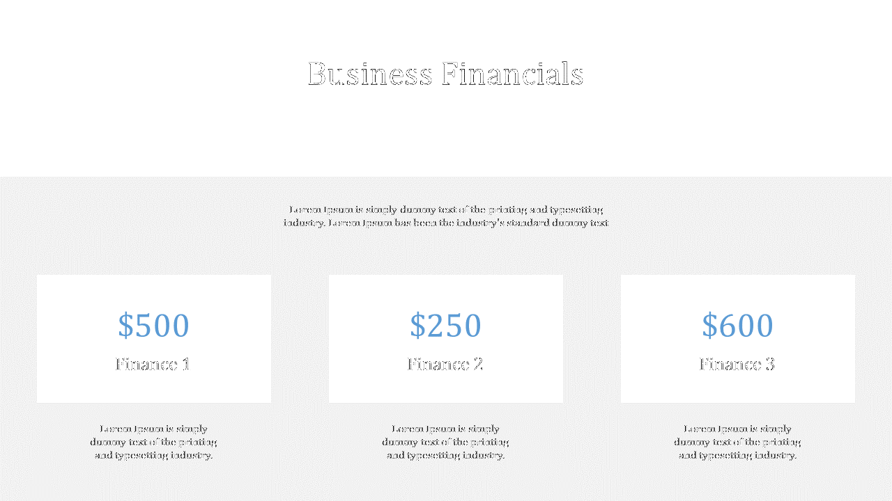 Business financials slide with three sections displaying each labeled with finance 1, 2, and 3 respectively on a white theme.
