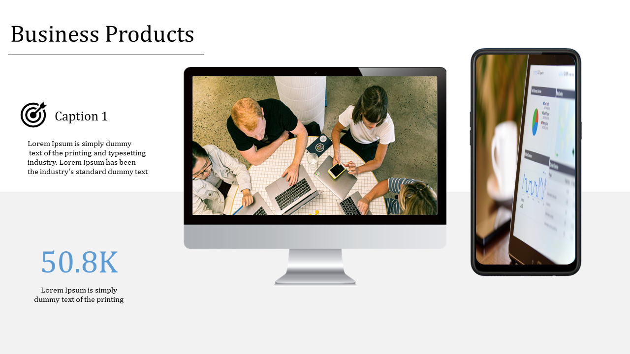 Business products slide featuring a monitor and smartphone with analytics and a group of people collaborating around a table.