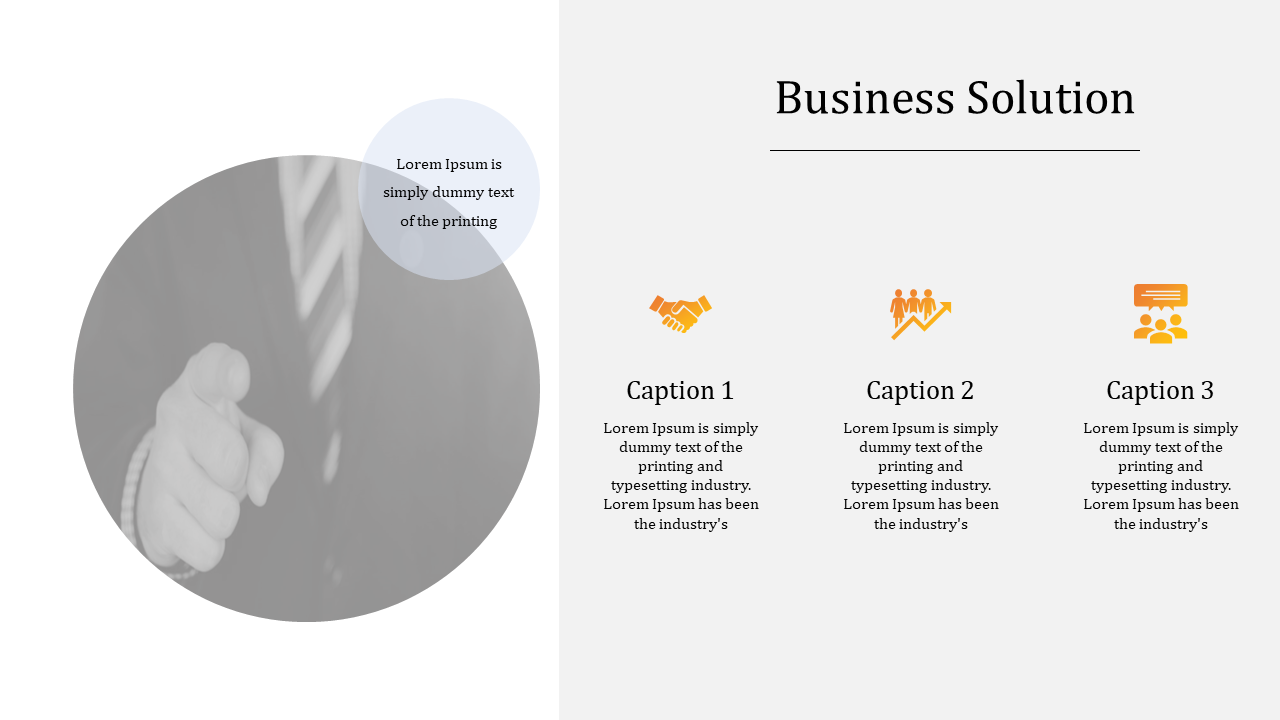 Business presentation slide with a person offering a handshake and three business solution icons on a white theme.
