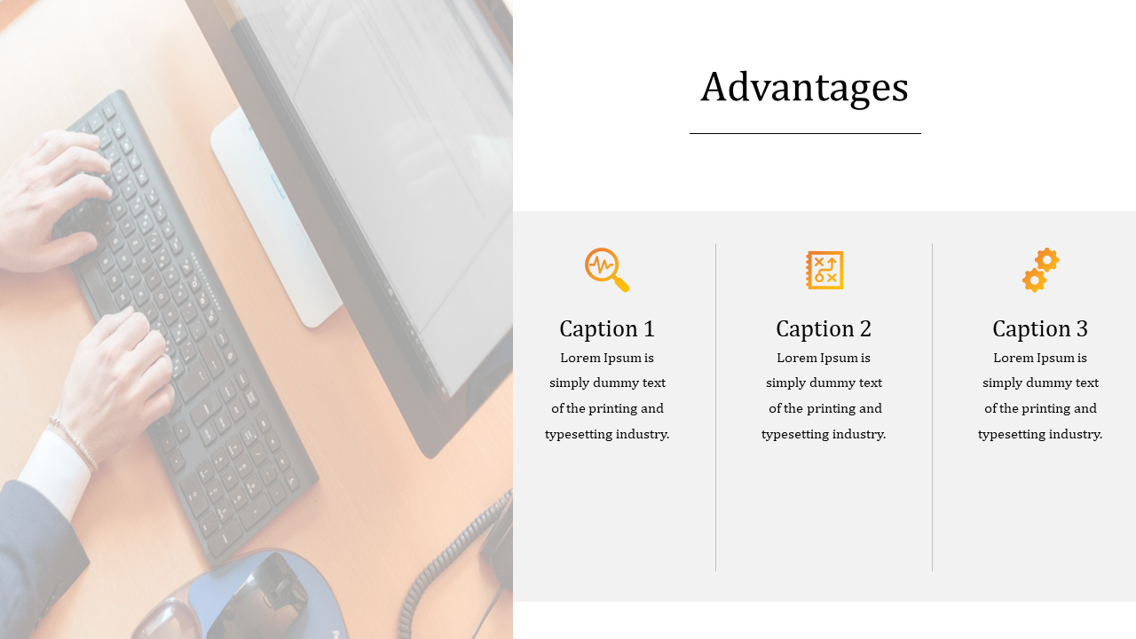 A person typing on a keyboard with orange icons representing advantages and business growth in a white theme.
