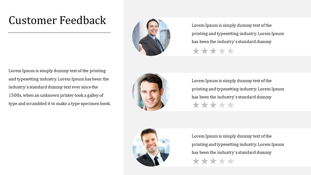 Customer feedback section featuring three individuals, each with a short quote and star rating on a white backdrop.