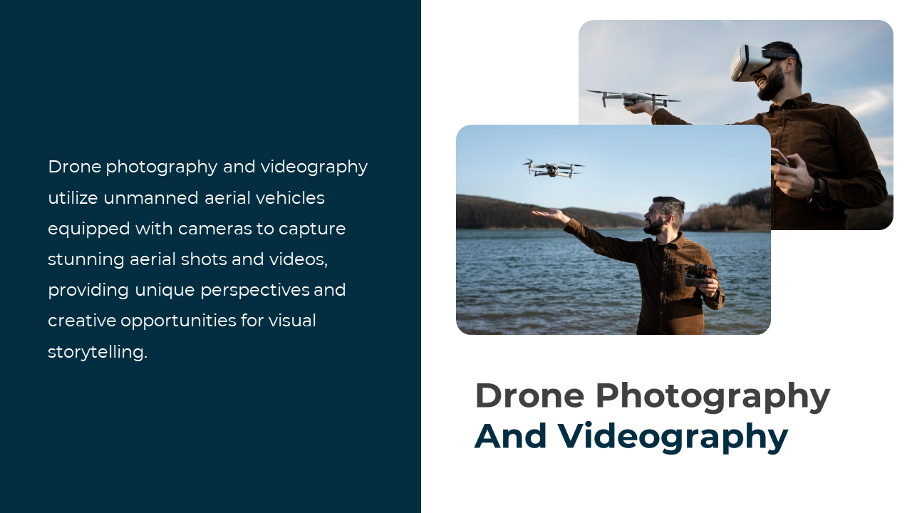 Drone photography and videography, showcasing a person controlling a drone with a VR headset on a blue and white backdrop.
