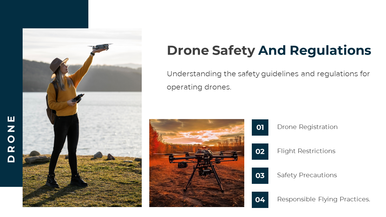 Drone safety and regulations covers four sections with images of a drone operator and a drone in flight on a white backdrop.