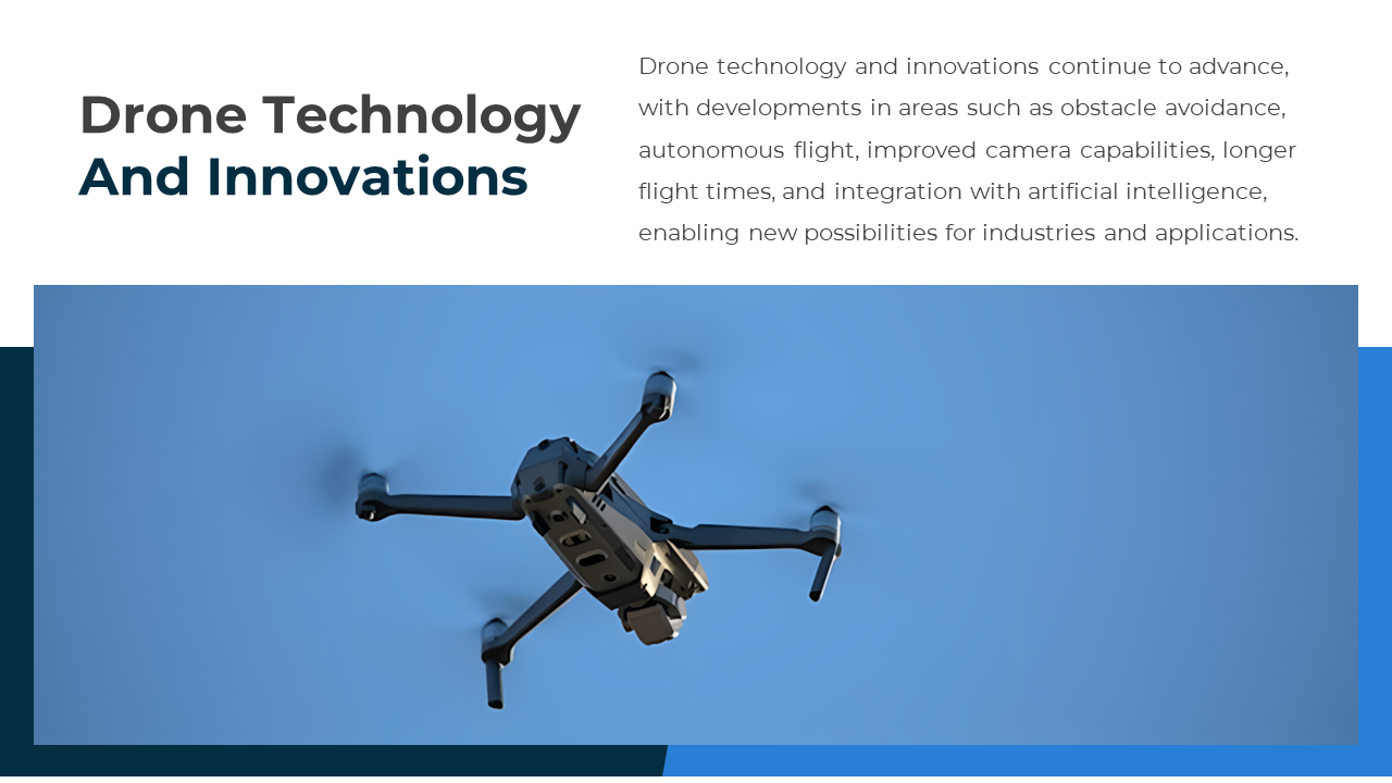 Drone flying against the blue sky, showcasing advancements in drone technology on a white backdrop.