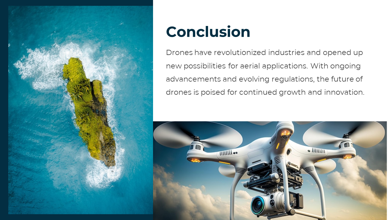 Conclusion slide with an aerial view of an island surrounded by ocean, with a drone captured in the image.