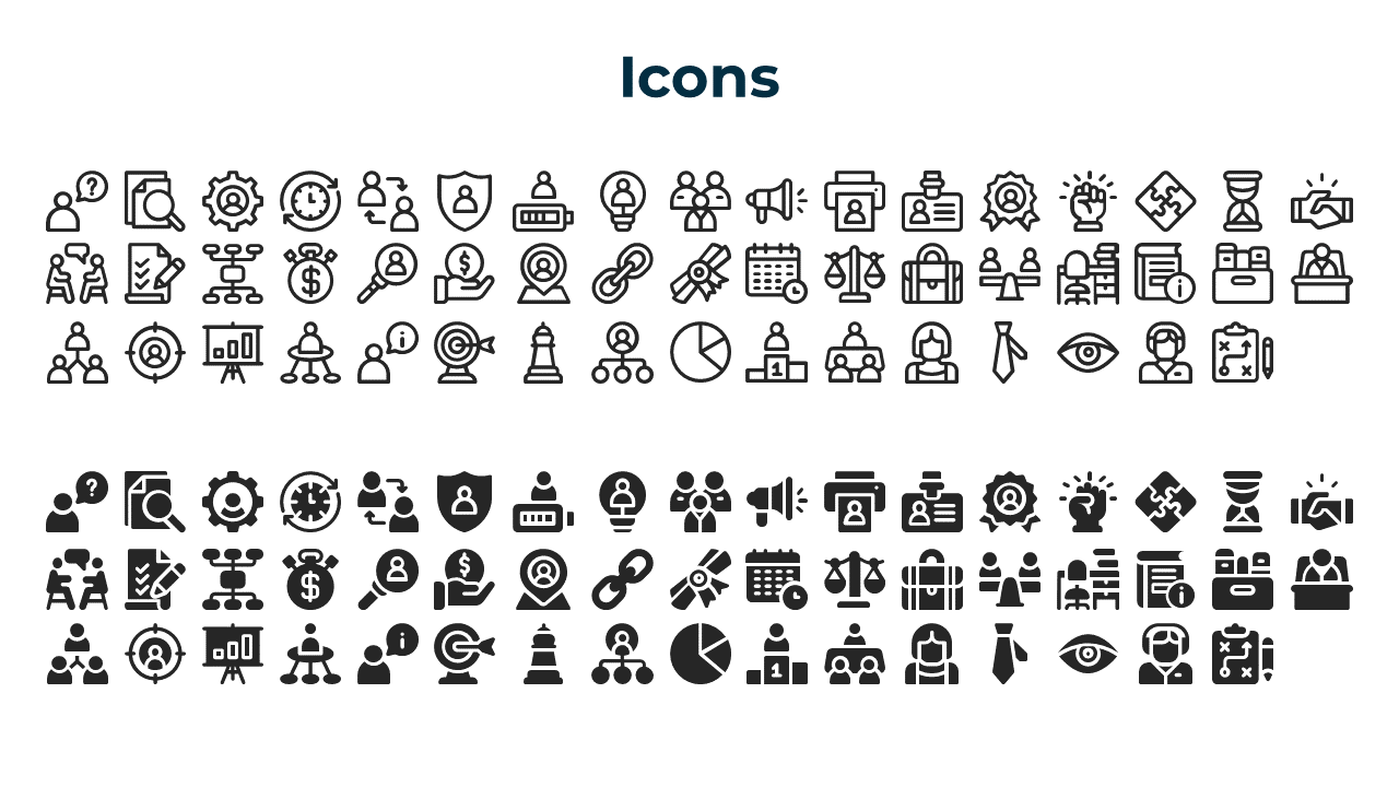 A collection of various icons representing business, management, and technology concepts, arranged in multiple rows.